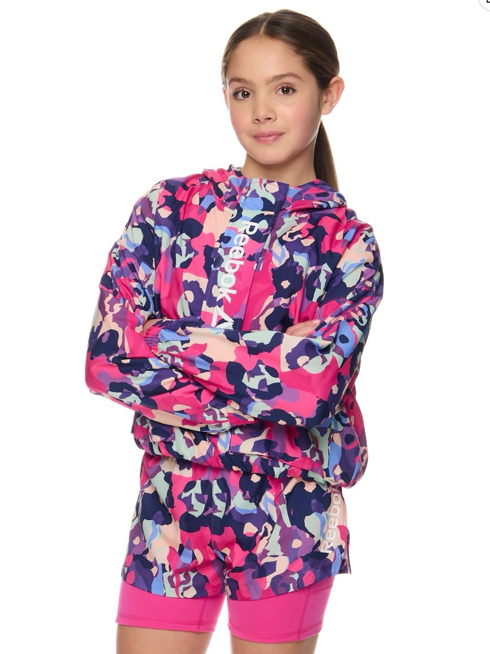 Reebok Girls Active Abstract Camo Hooded 1/2 Zip Windbreaker, Size Medium (7/8)